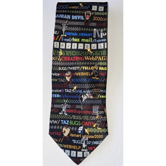 Vintage 1999 90s Warner Bros silk Looney Tunes Internet tie Bugs Bunny Taz Daffy - Picture 2 of 10